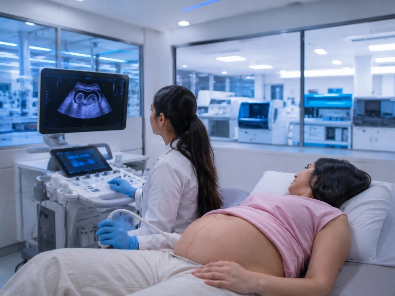Advanced high-resolution transvaginal ultrasound machine performing a precision cervical length scan to evaluate internal os stability and preterm birth markers